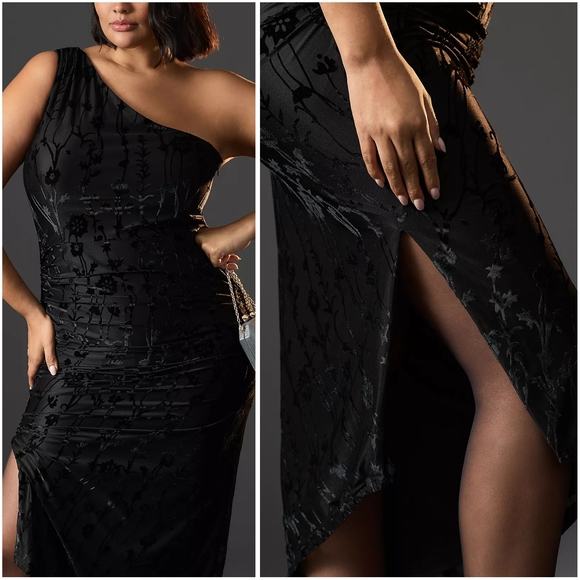 NWT Anthropologie Hutch One Shoulder Ruched Velvet Asymmetrical Dress Black - Picture 2 of 9
